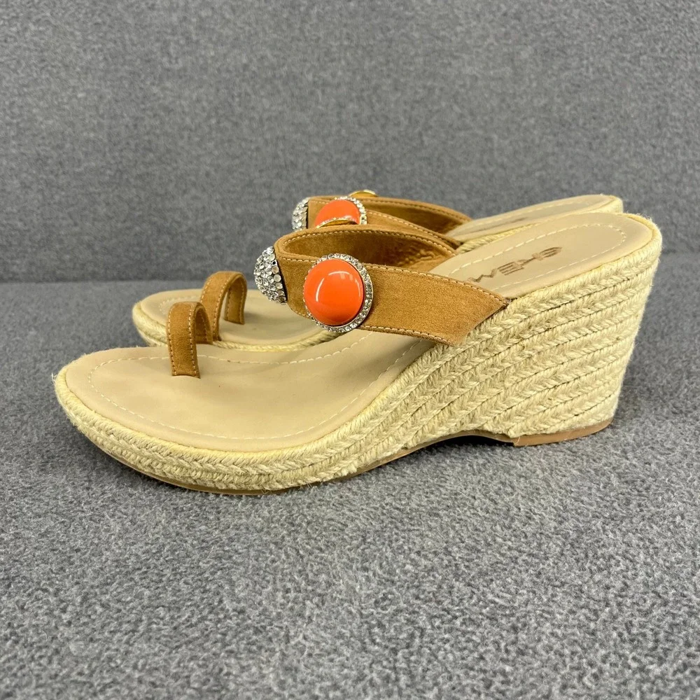 Skemo Wedge Sandals Womens 10‎ Tan Coral Embellished Espadrille Boho Rhinestone